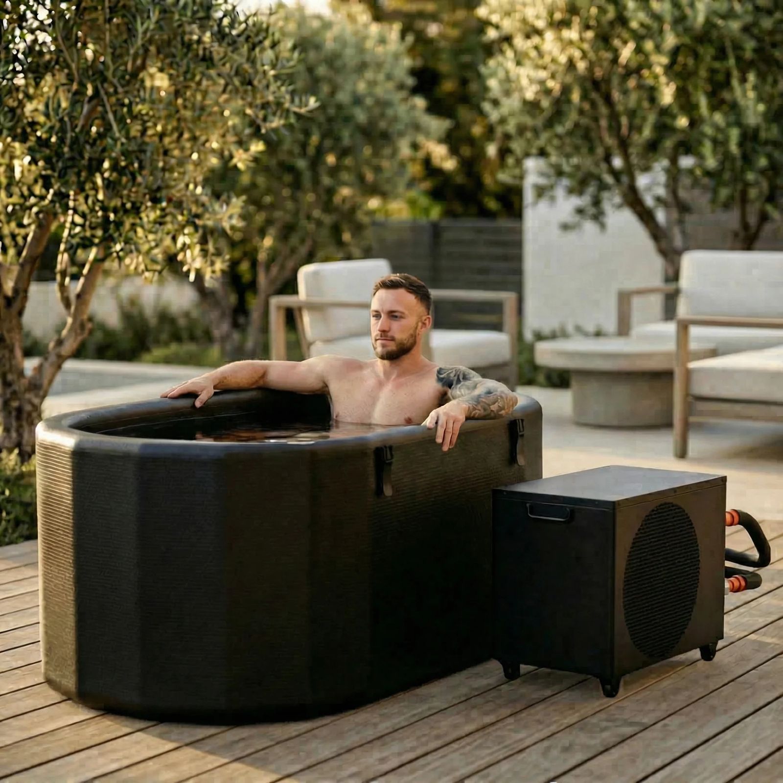 Man sitting in a black cold plunge tub on a wooden deck, chiller unit beside it
