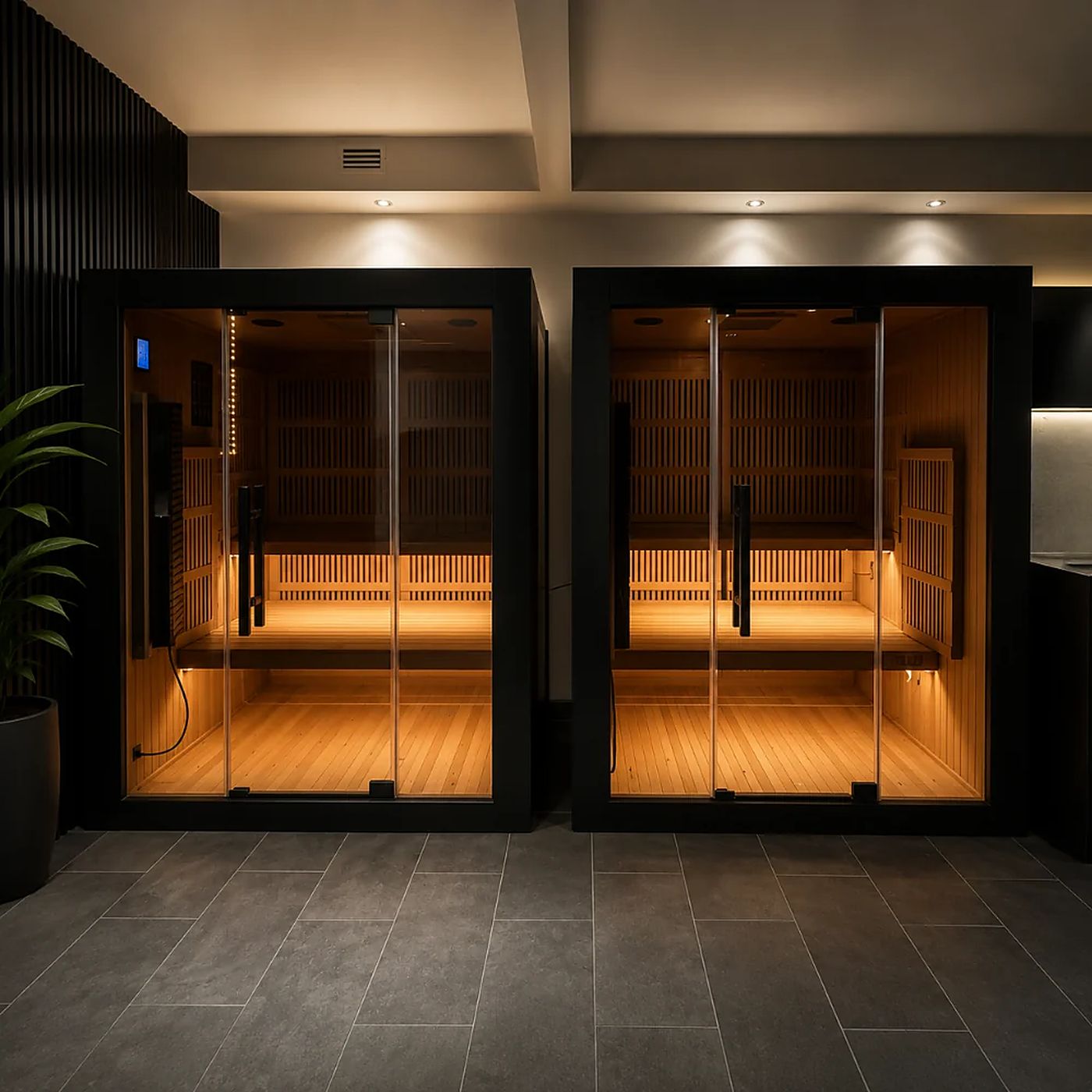 Two black infrared saunas glowing amber in a dark room