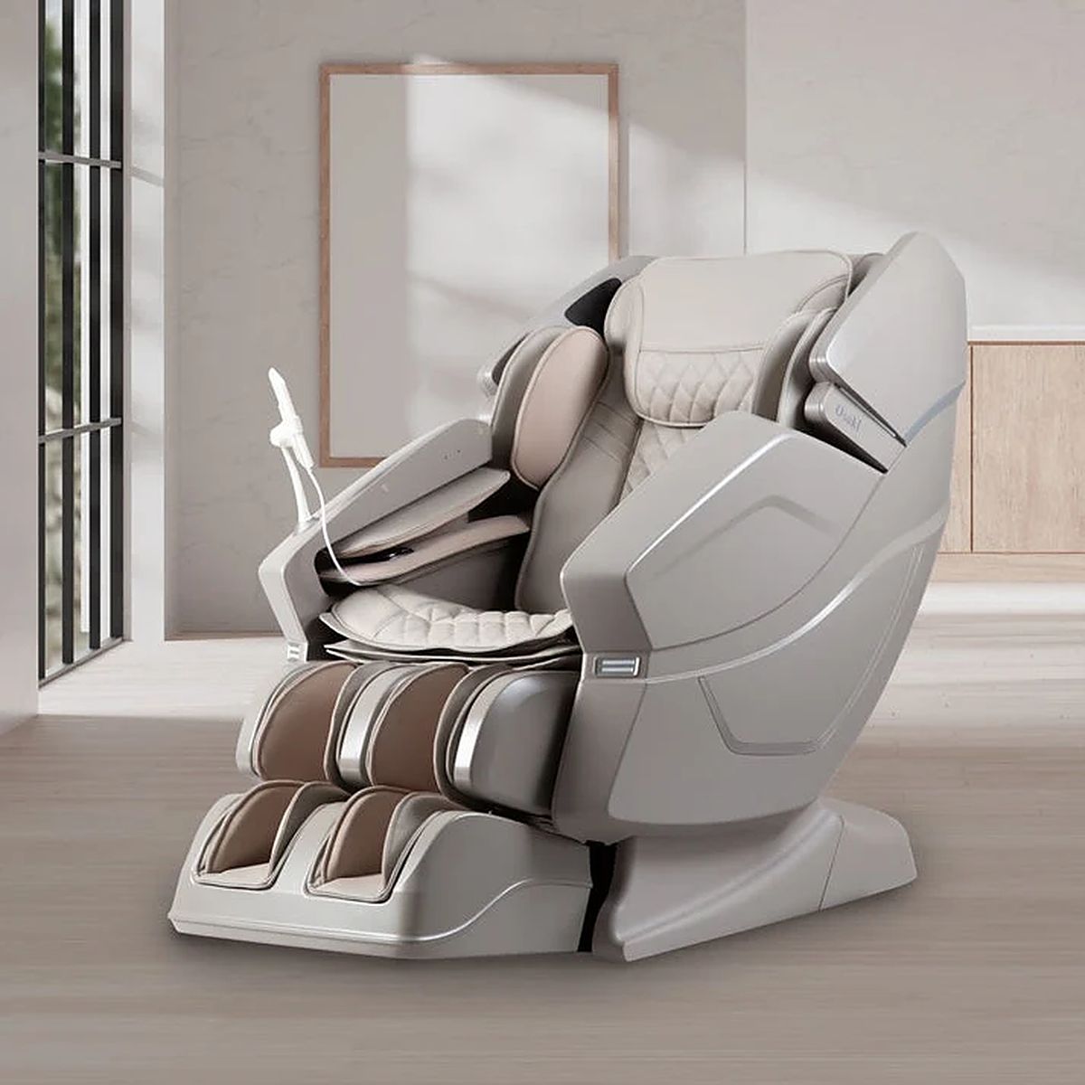 Taupe massage chair in a bright living room