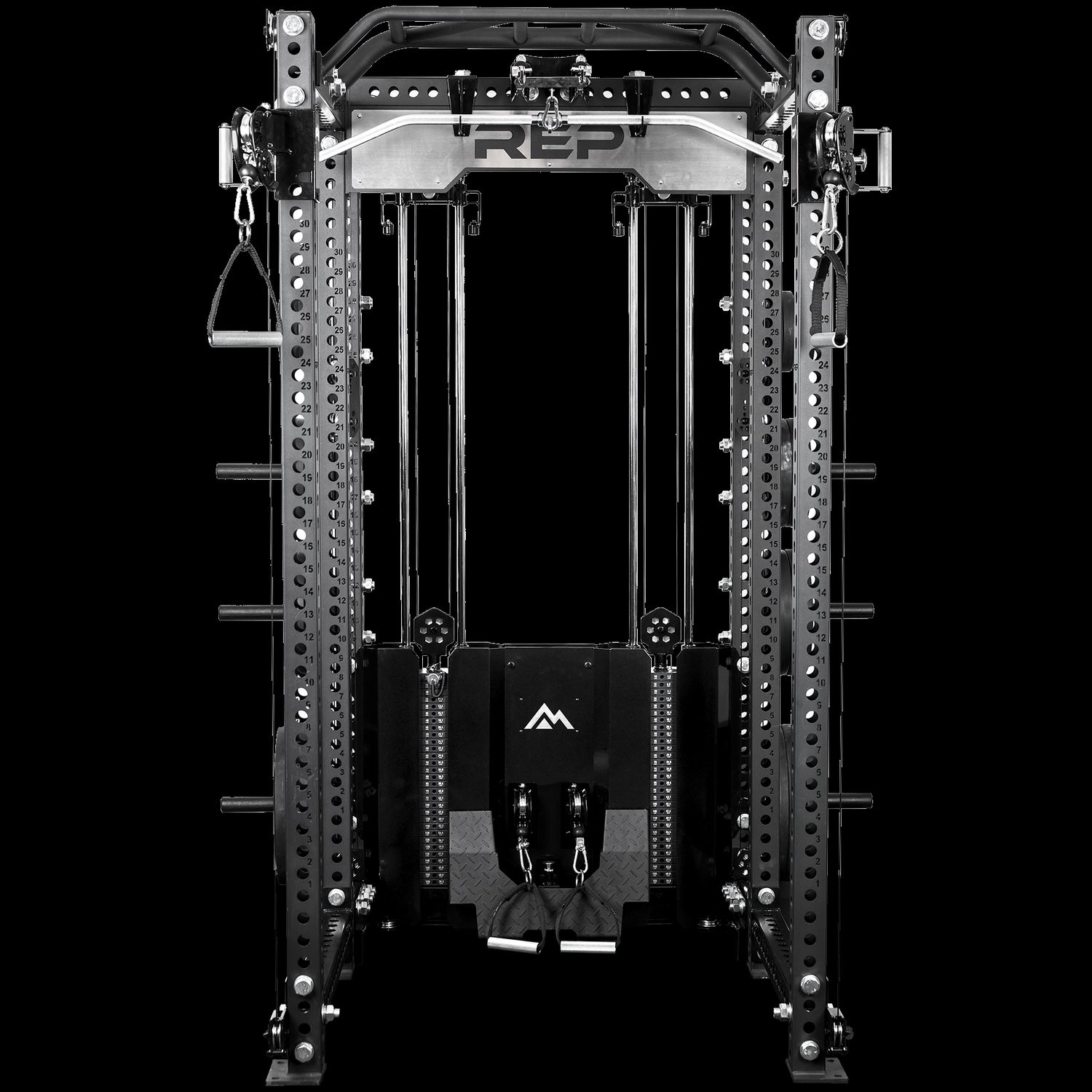 Black steel power rack with cable columns, photographed on a black background